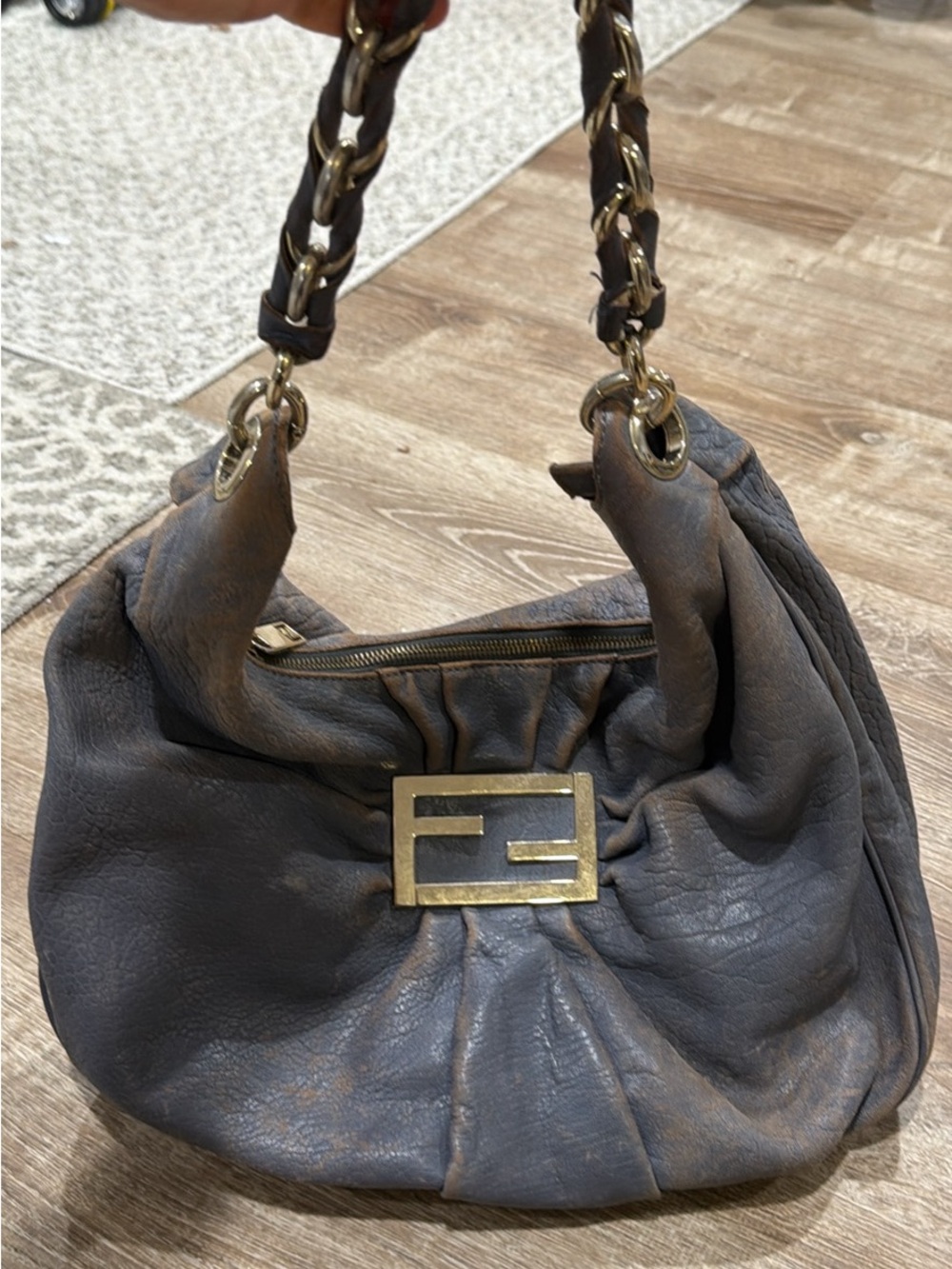 Fendi Gray-Brown Leather Shoulder Bag with Gold Hardware